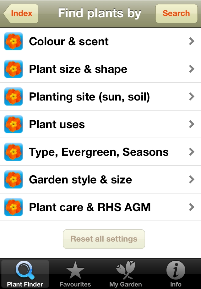 Joy of Plants app Find plants screen