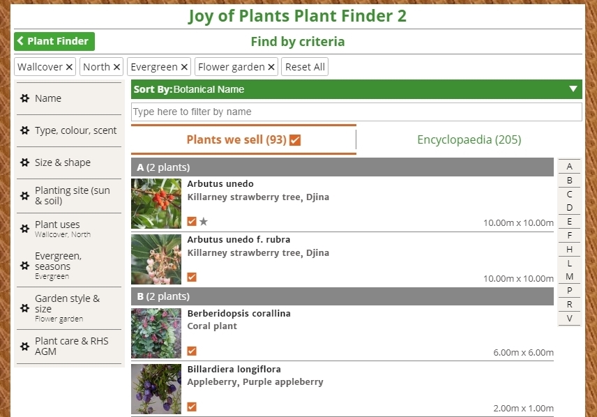 Joy of Plants Plant Finder 2 Find by Criteria Results