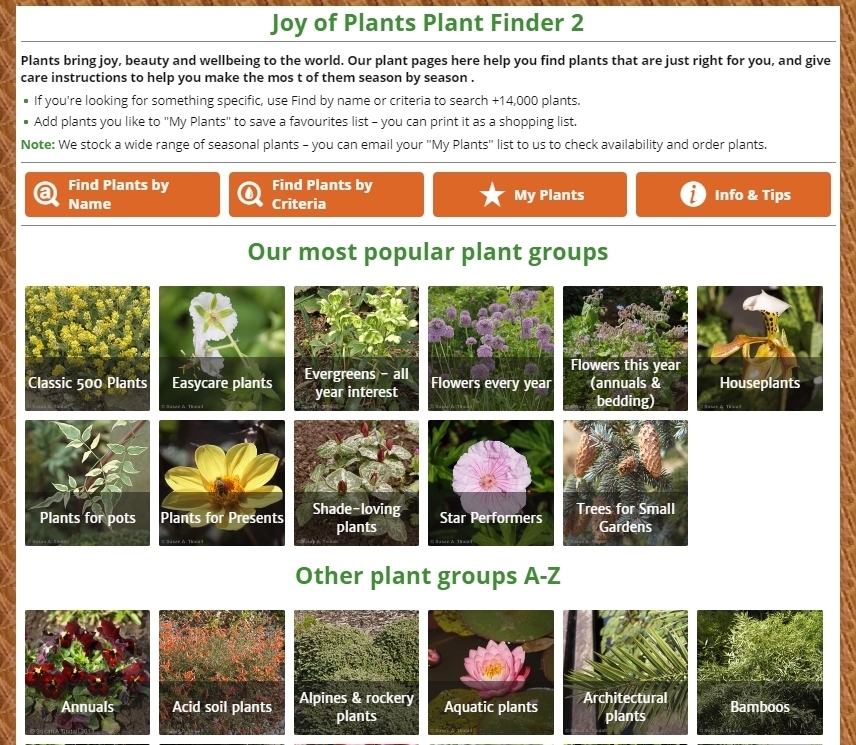 Joy of Plants Plant Finder 2 Home page